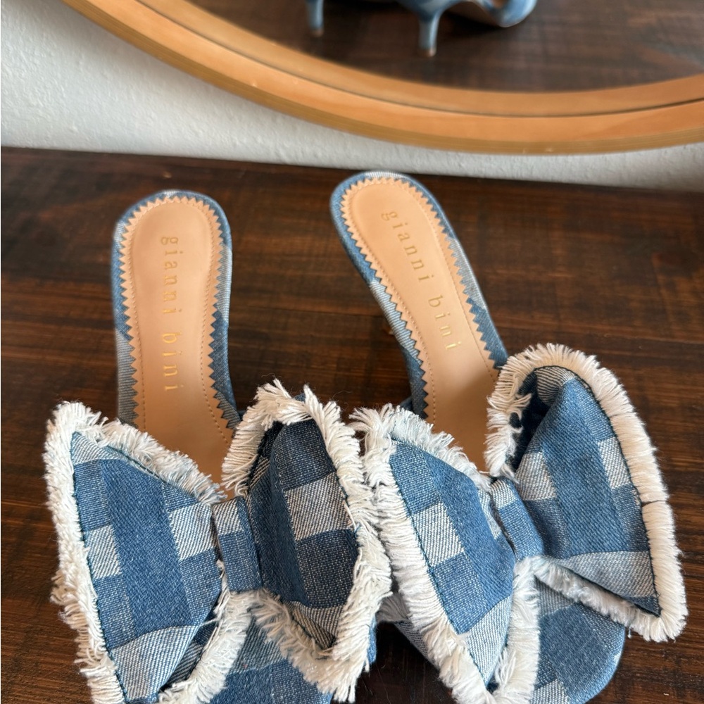 Gianni Bini Blue Gingham Bow Slide Mules